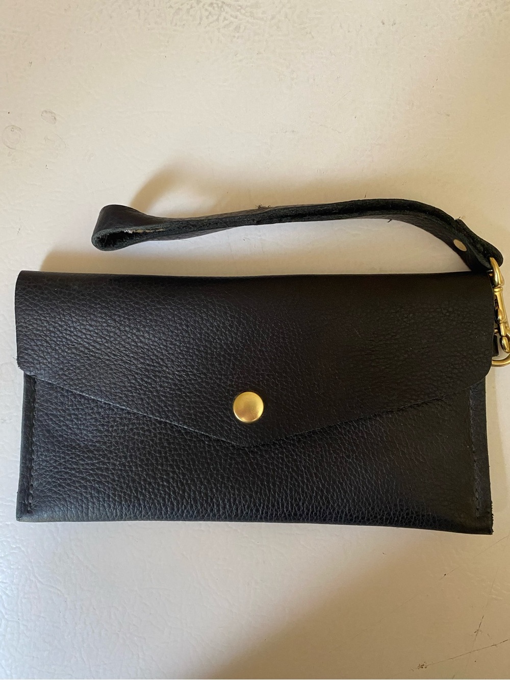 Black Leather wallet Wristlet Clutch with Gold Snap